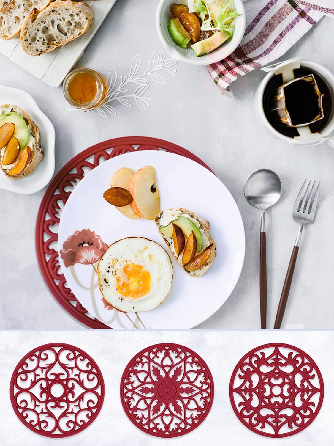 SMARTAKE 6 Set Silicone Trivets, Multi-Use Carved Trivet, Insulated Non-Slip Durable Kitchen Mats, Flexible Modern Kitchen Table Mat, for Hot Dishes, Pots, Dining Countertop, Red