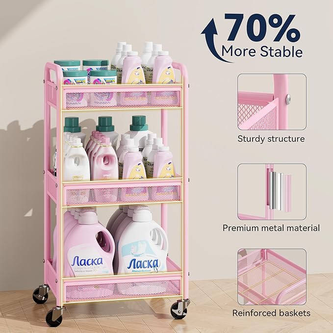 YASONIC 3 Tier Rolling Cart – Metal Utility Storage Cart with Wheels, Craft Cart Organizer with Hanging Cups, Hooks, Mesh Basket for Bedside Kitchen Office Art, Pink