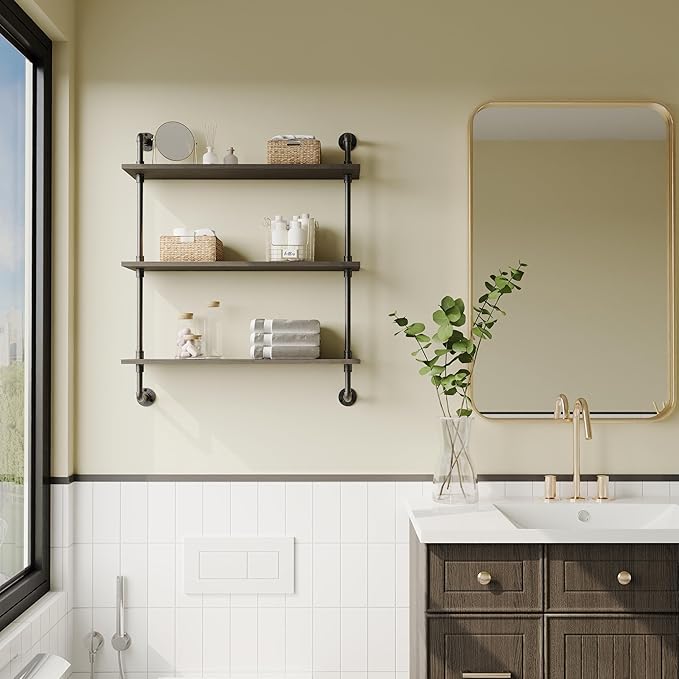 3-Tier Industrial Pipe Floating Shelf – Rustic 36 inch Wood Wall-Mounted Storage Shelf for Kitchen Office,Bathroom & Home Decor -Black