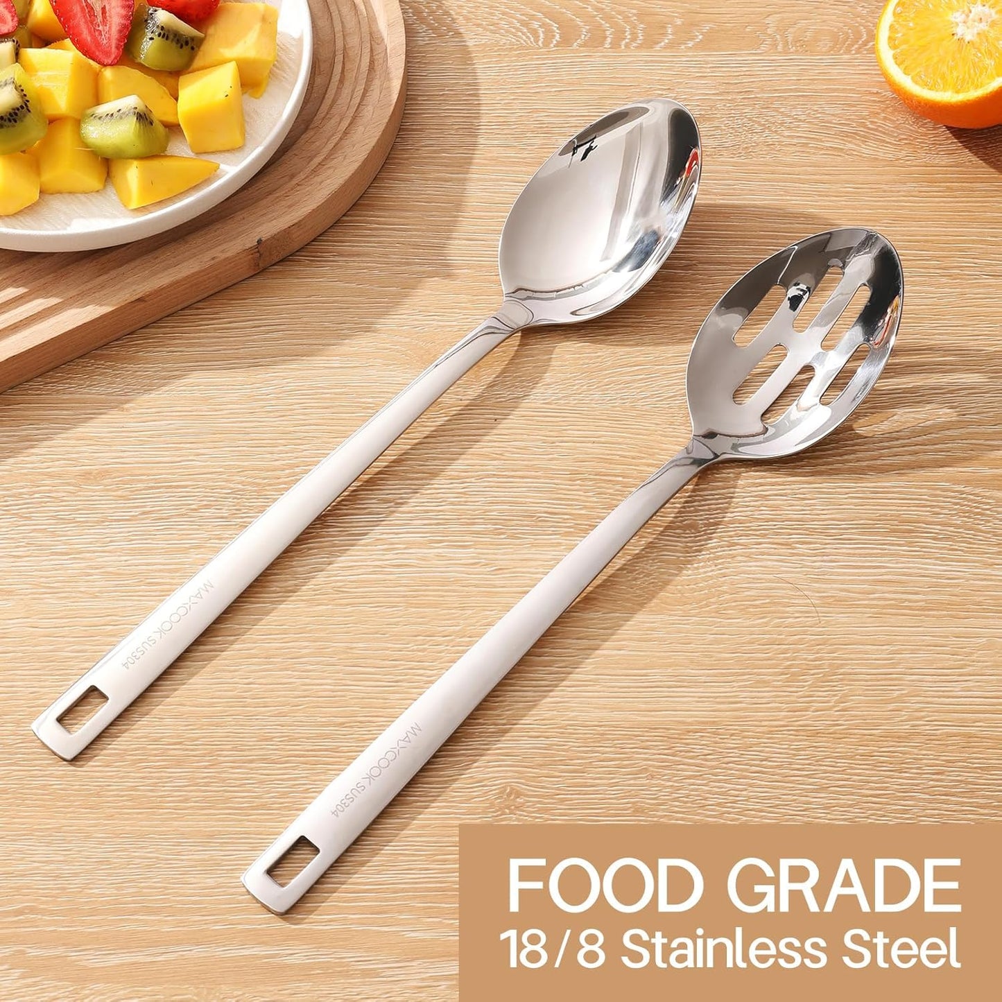 18/8 Stainless Steel Cooking Spoons Set - 2-Piece Solid Slotted Serving Spoon Cooking Utensils set for Pasta, Veggies, Salads (Dishwasher-Safe)