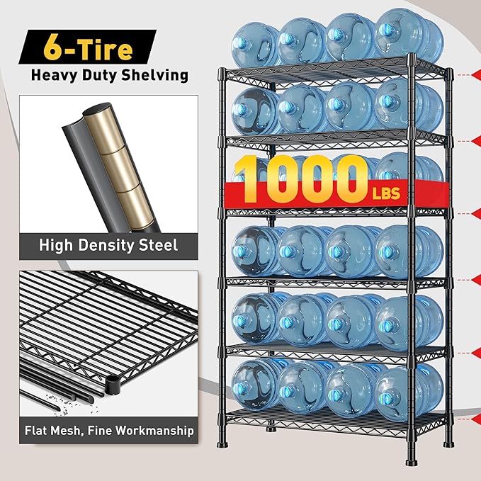 REIBII 6-Tier Storage Shelves Metal Shelving for Storage Load 1000 LBS,Wire Shelves Heavy Duty Shelving Unit Adjustable Pantry Shelf Bathroom Kitchen Garage 24" W x 14" D x 71" H, Black