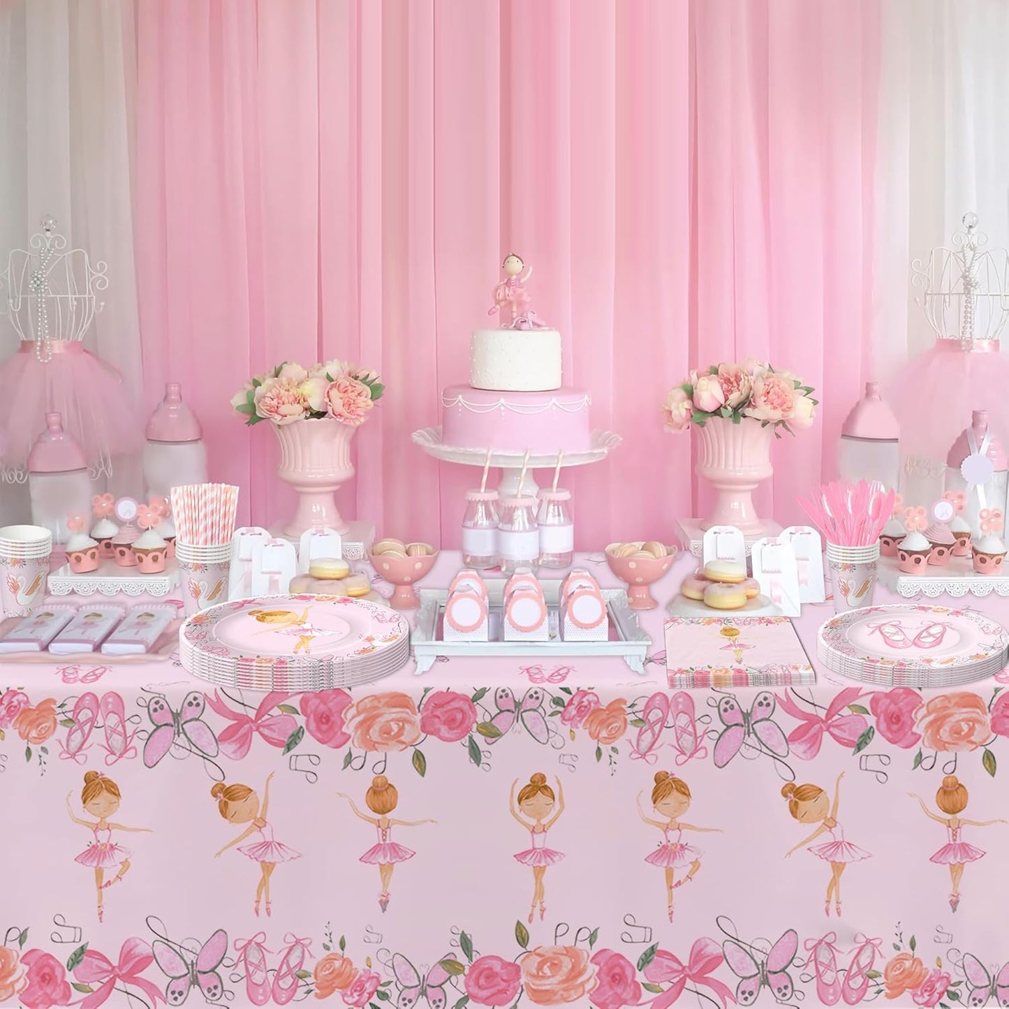 Xigejob Ballerina Birthday Party Decorations Dinnerware, Ballerina Theme Dancing Girl Ballet Party Supplies Tableware, Paper Plate, Napkin, Tablecloth, Disposable Fork, Serves 24