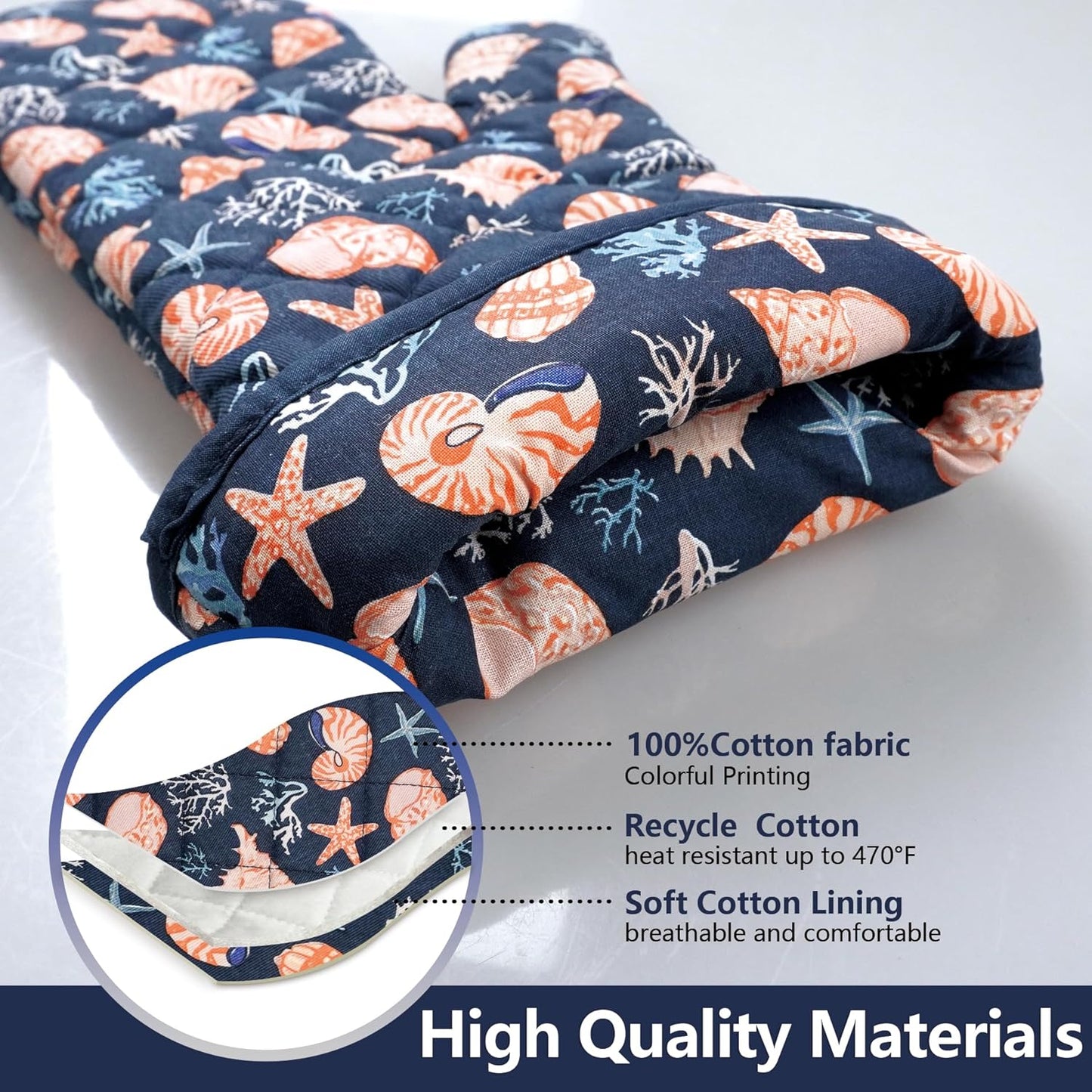 Oven Mitts Cotton Fashion Cute Cowry Design 1pair Heat Resistant Oven Gloves Safe Cooking Baking Grilling Barbecue Machine Washable Pot Holders (Cowry)