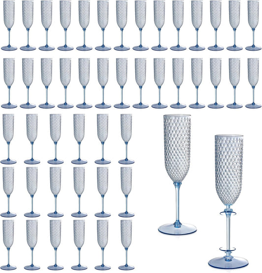 XUWAIDSGN 48 Pack Blue Detachable 2 piece Champagne Flutes 5.5 Oz Unbreakable Plastic Mimosa Disposable Champagne Glasses Drinking Cups Stemmed Reusable Wine Toasting Glasses for Wedding