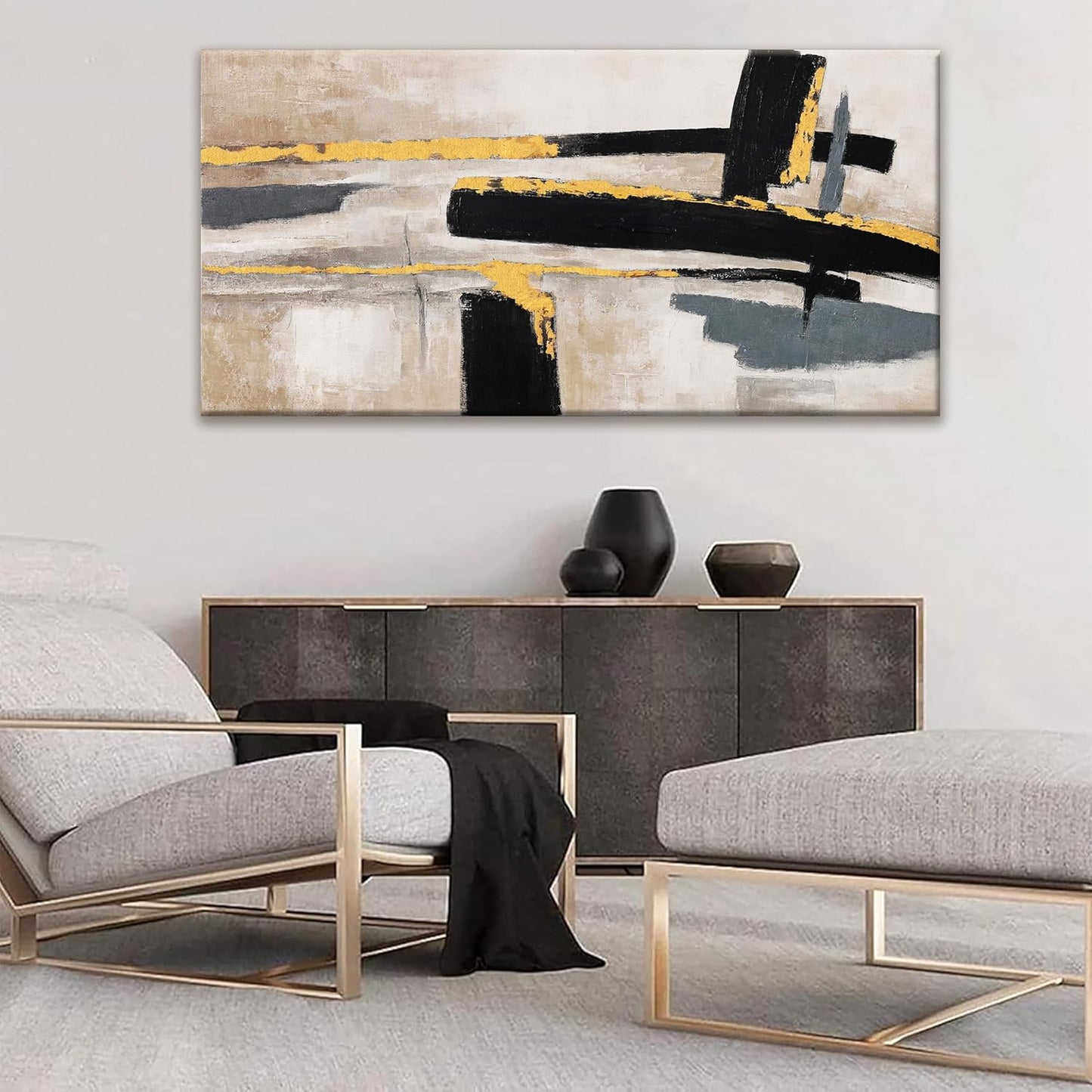 QSQ Abstract Wall Art Canvas Wall Art Decor Black And Gold Wall Art Paintings Abstract Wall Decor Artwork For Living Room Bedroom Bathroom Office Home Wall Decor Can Be Hung Directly 24" X 48"