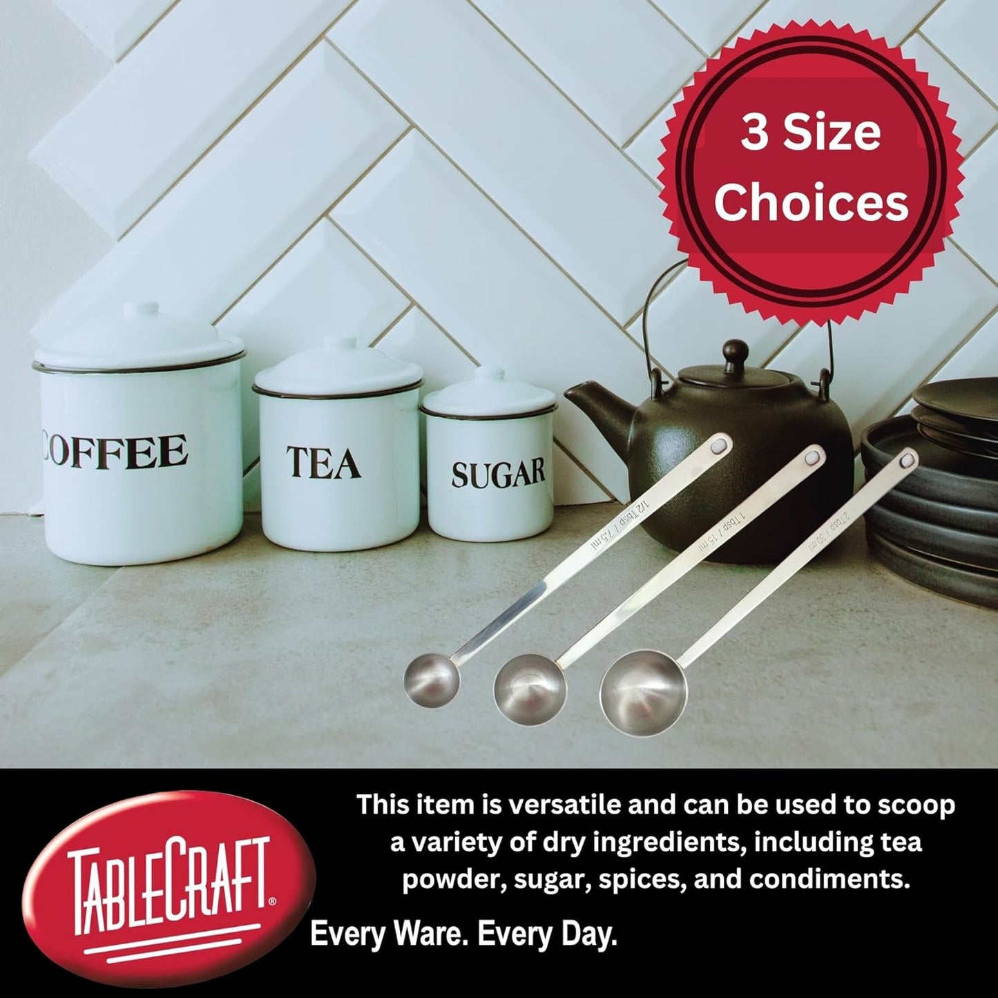 TableCraft 40401, 1 Tbsp Long Handle Scoop, Stainless Steel Measuring Spoon for Coffee, Tea, Sugar, and Spices, 8.75" Long, Dishwasher Safe