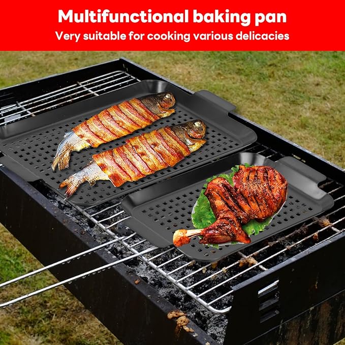 Grill pan, 2 Grilling Tray - Outdoor Grilling Baskets with Hole, Camping Barbecue Set for meat, fruits and vegetables (2 pieces)