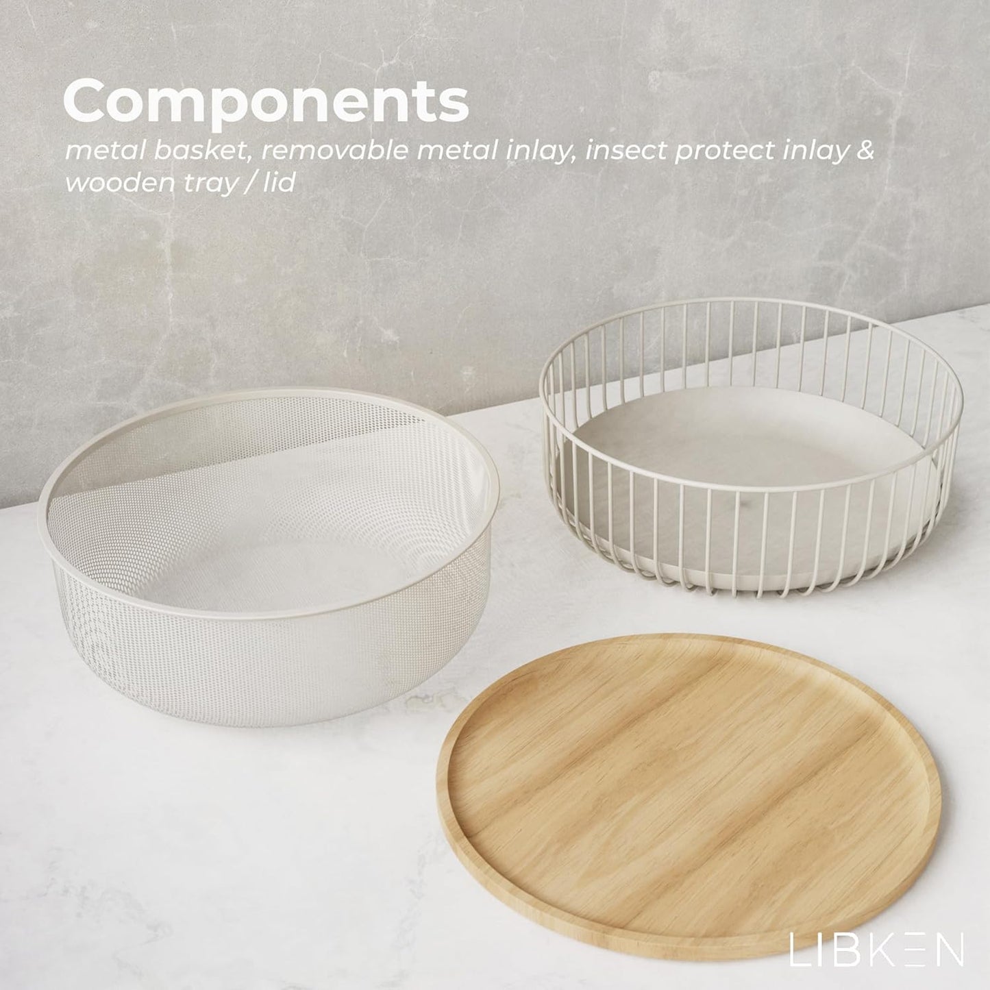 Metal Wire Mesh Fruit Baskets with Wooden Lid - Fly-Proof Indoor Solution for Fresh Fruits - Covered Fruit Bowl - Produce Cover Against Flies for Vegetables - Warm Gray