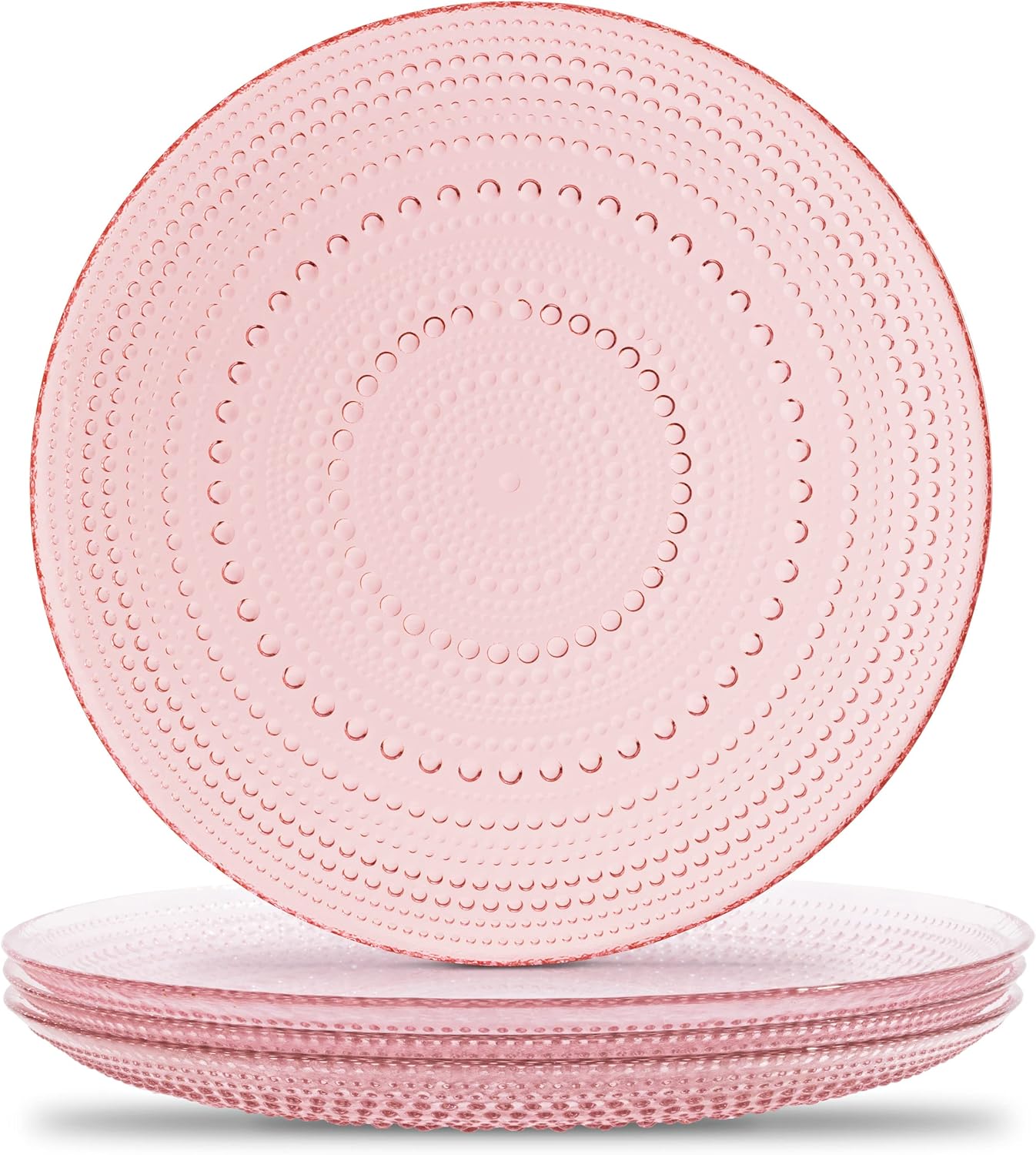 Yungala Pink Hobnail Plates, Set of 4 Glass Vintage 10.5” Dinner Plates that are Dishwasher Safe