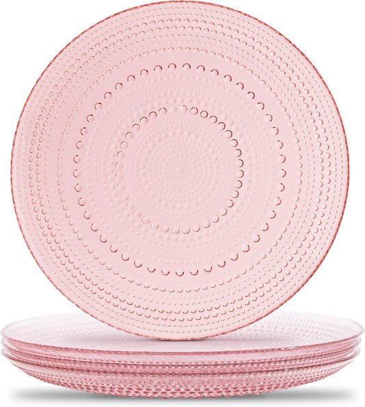 Yungala Pink Hobnail Plates, Set of 4 Glass Vintage 10.5” Dinner Plates that are Dishwasher Safe