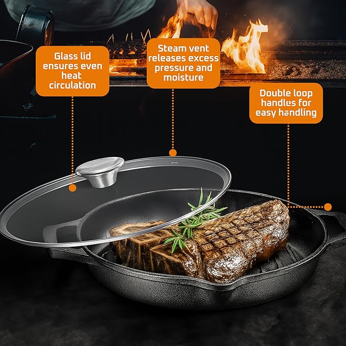 Bruntmor Enameled Cast Iron Skillets - 10-Inch Round Grill Pans for Stove Tops with Glass Lid - 3.5 Quarts Large Frying Pan with Double Loop Handles - Safe for Oven and All Cooking Tops - Black