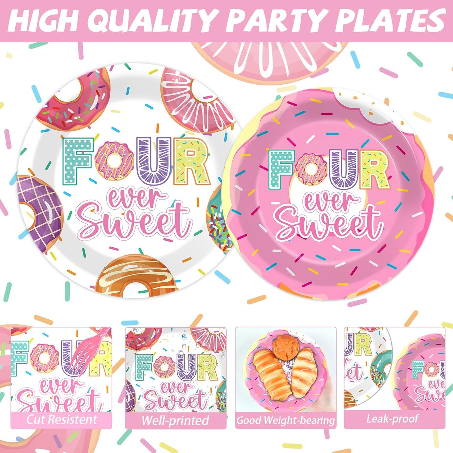 ZOIIWA 200 PCS 4th Birthday Donut Tableware Disposable Four Sweet Plates Napkins Party Supplies Donut Themed Dinnerware Set 4th Birthday Pink Party Baby Shower Decoration Serve 50 guest