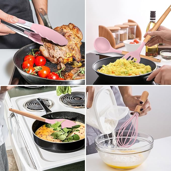 E-far Kitchen Utensils Set of 12, Silicone Cooking Utensils with Holder, Non-stick Cookware Friendly & Heat Resistant, Includes Spatula Tong Whisk Ladle Brush Slotted Turner Spoon(Pink)