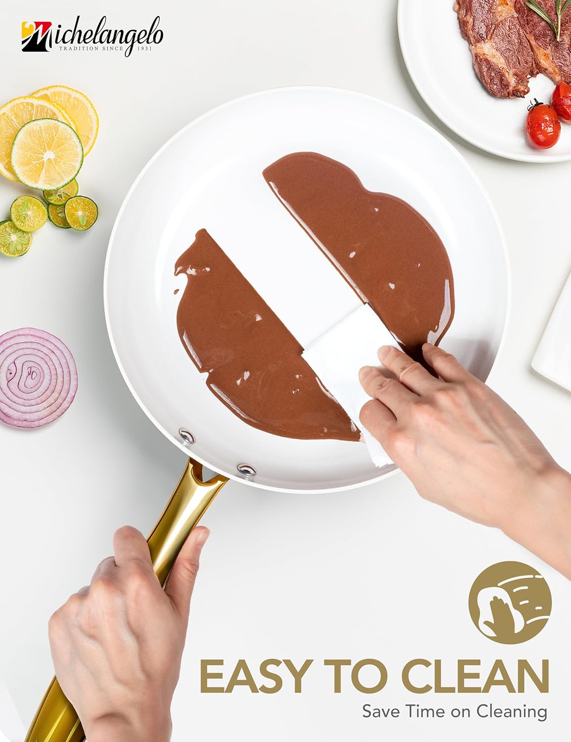 MICHELANGELO Large Frying Pan with Lid, 14 Inch Ceramic Skillet with Non-Toxic Coating, Non Stick Fry Pan with Ergonomic Handle, Induction Compatible