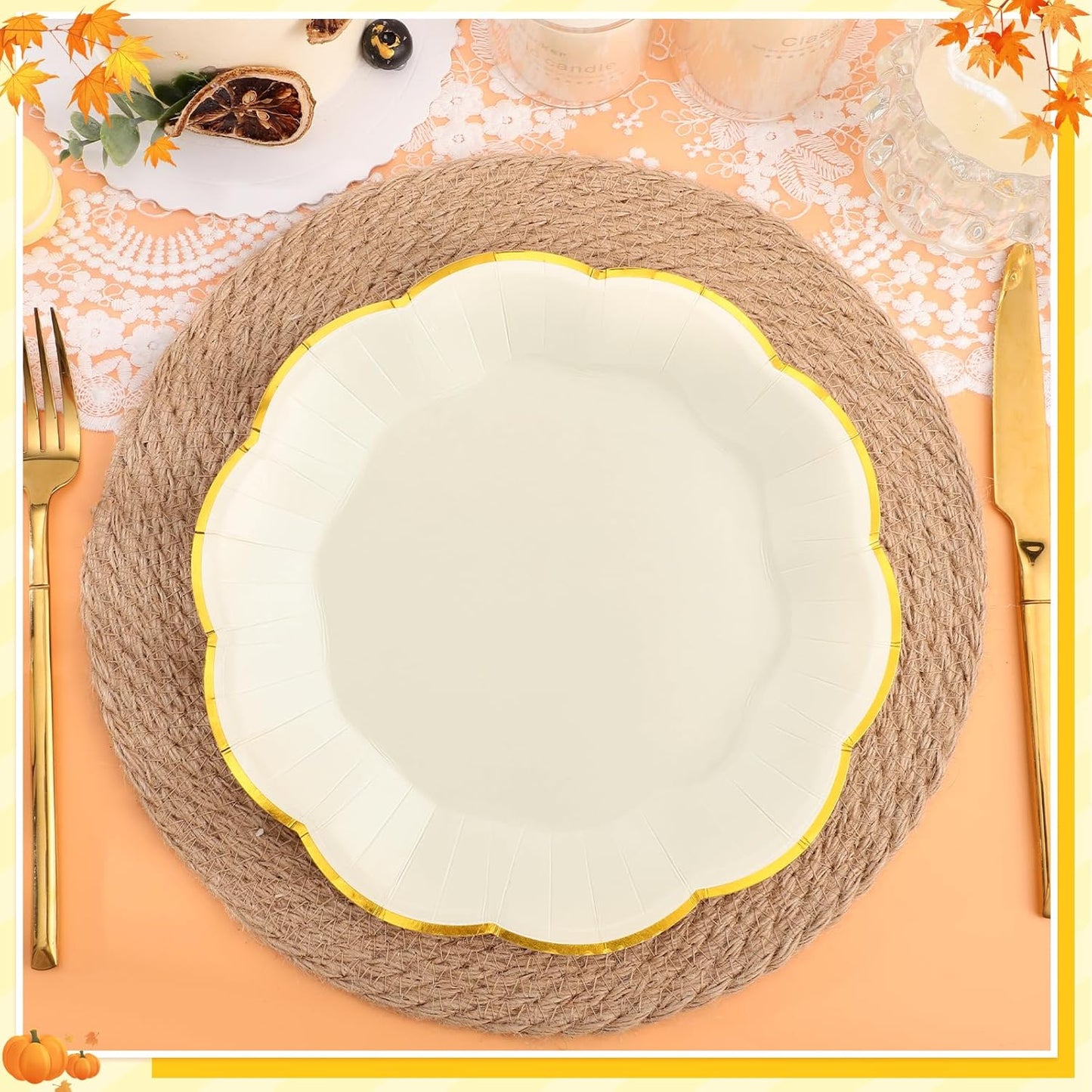 30 Pcs Thanksgiving Paper Plates, 9 Inch Ivory Paper Plate with Gold Trim Cute Beige Disposable Scalloped Plates for Friendsgiving, Baby Shower, Wedding