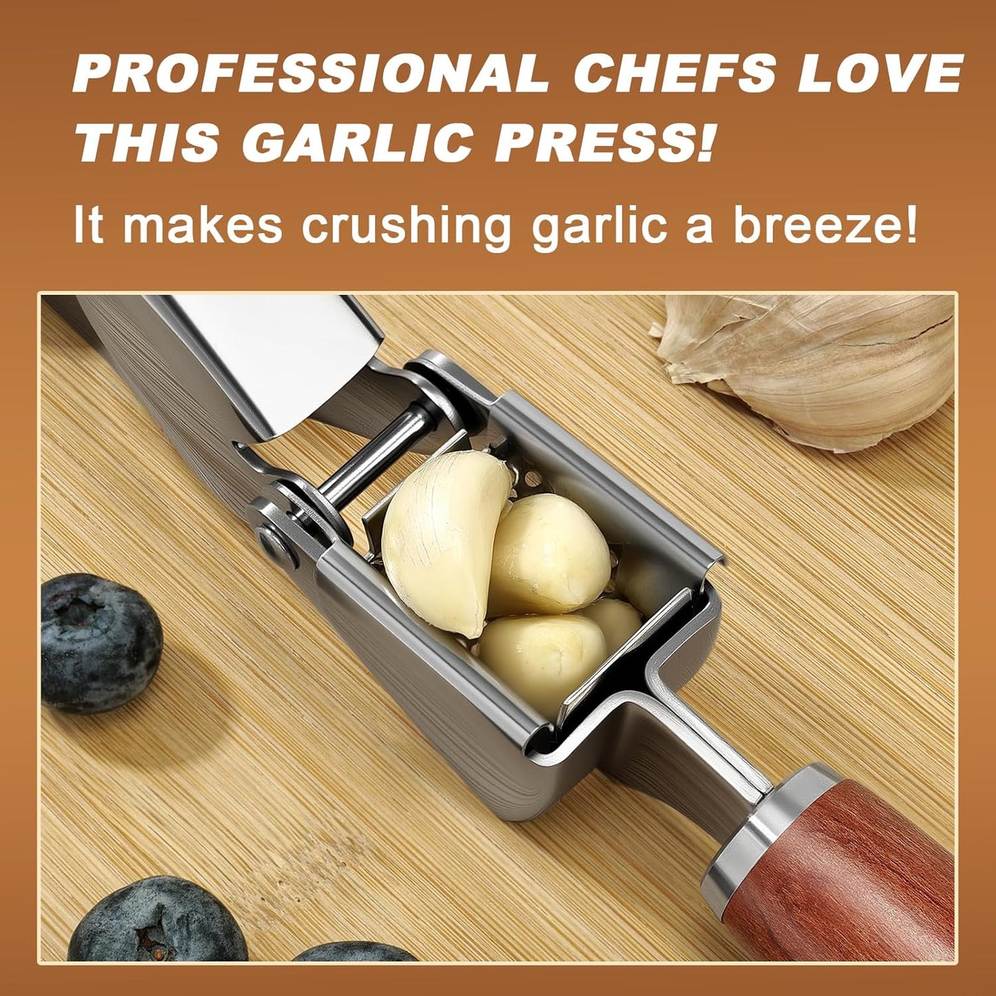 KULUNER Professional Garlic Press,Durable Garlic Clove Peeler Set That Requires No Peeling Garlic Mincer Presses Fine Garlic Paste,Upgraded Solid Wood Handle for a Comfortable Grip