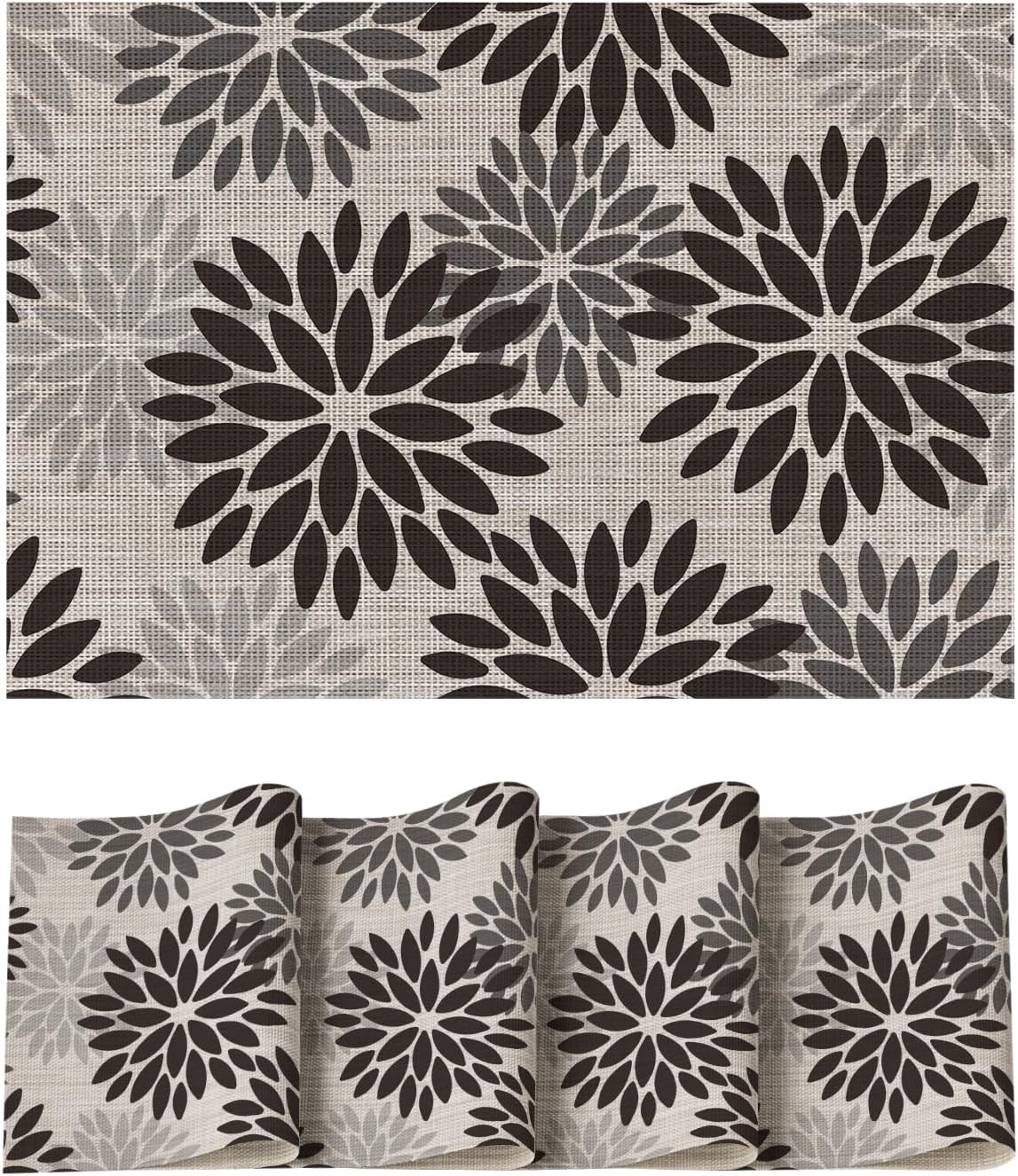 Artoid Mode Floral Vinyl Halloween Placemats Set of 4, Heat Resistant Washable Non-Slip Plastic PVC Place Mats for Party Kitchen Dining Decor, Black