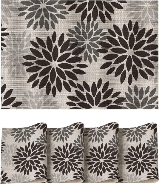 Artoid Mode Floral Vinyl Halloween Placemats Set of 4, Heat Resistant Washable Non-Slip Plastic PVC Place Mats for Party Kitchen Dining Decor, Black