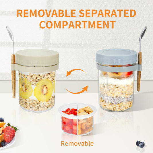 2 Pack Overnight Oats Containers with Lids and Spoons, 16 oz Mason Jars with Removable Separate Compartments, Airtight and Leak-Proof Glass Jars for Chia Pudding, Yogurt, and Oatmeal