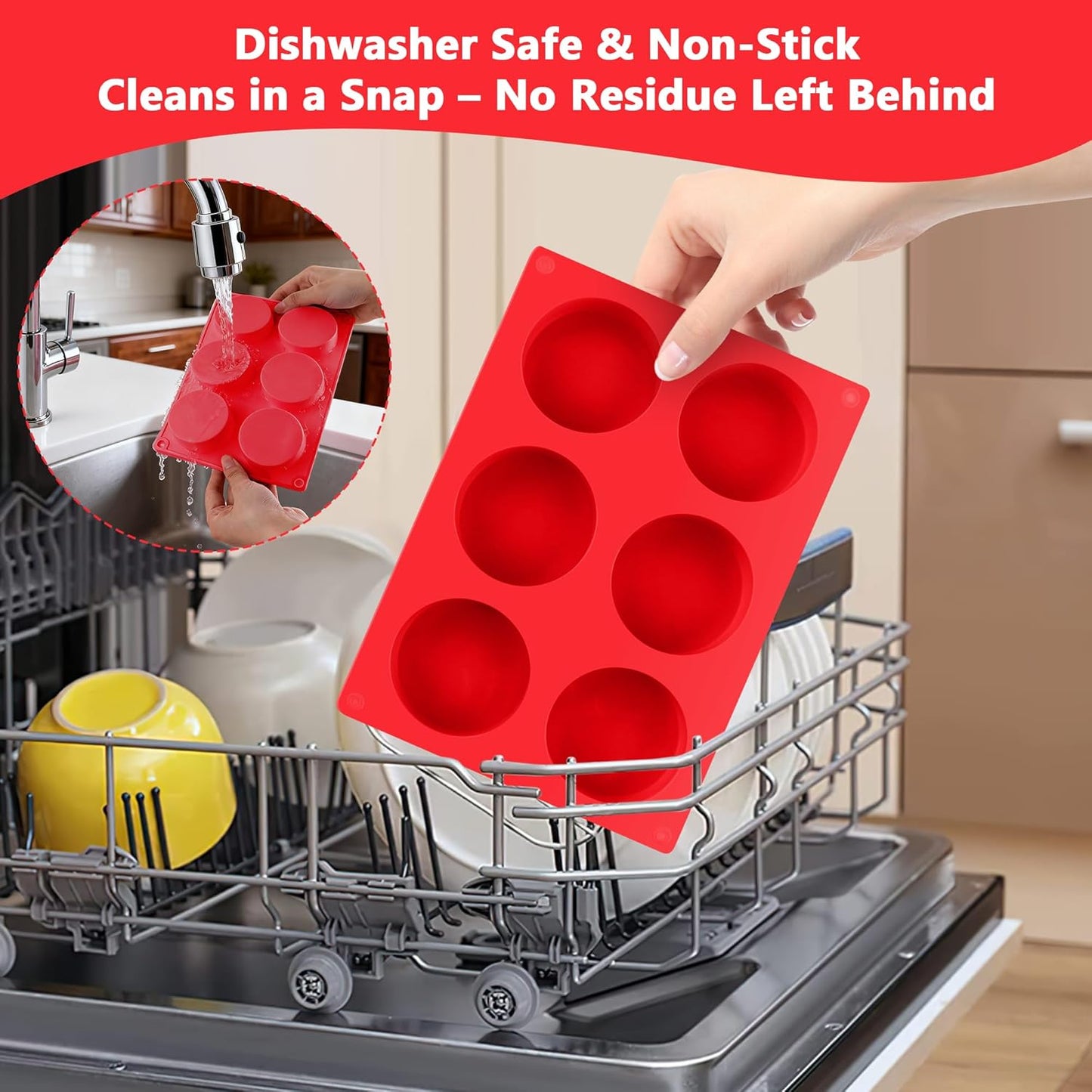 3-Pack Jumbo 6-Cup Silicone Muffin Pan - Non-Stick Baking Mold for Cupcakes, Muffin Cupcake Pans Molds for Baking, Cornbread, Eggs - Red