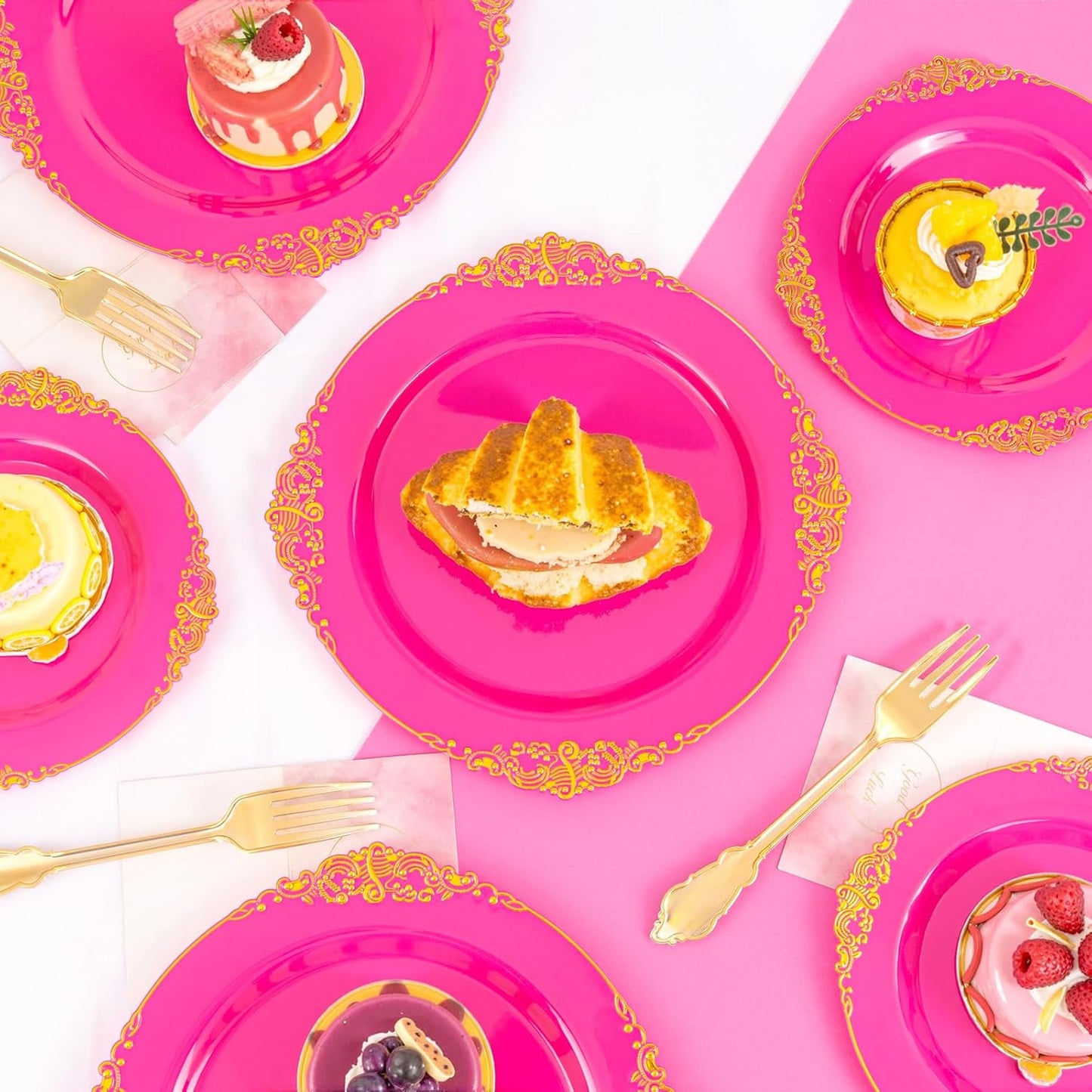 125PCS Hot Pink Plastic Plates - Pink Disposable Plate - Elegant Party Plates with Gold Plastic Silverware Sets for 25 Guests for Party & Birthday & Baby Shower