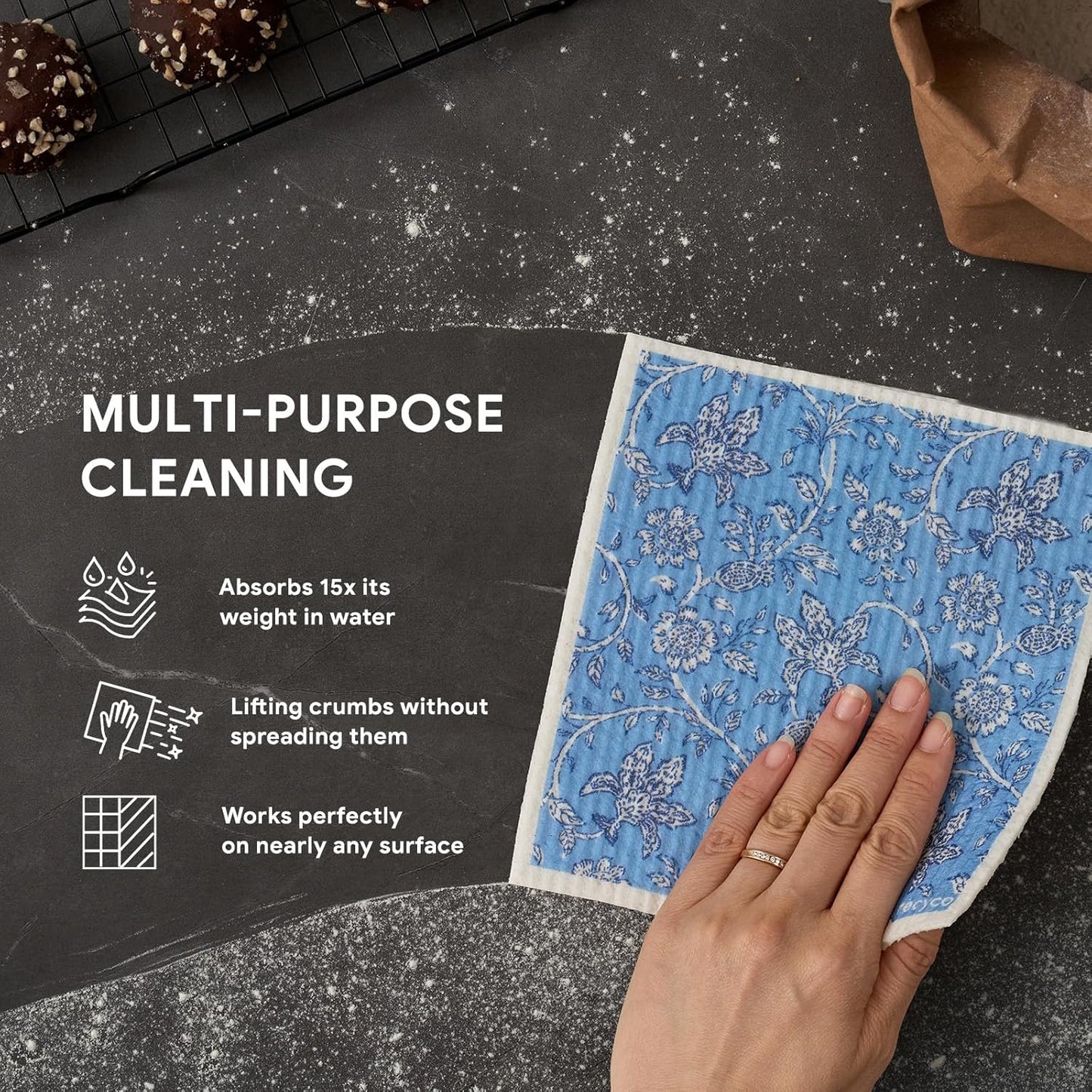 RECYCO Swedish Dishcloths for Kitchen | 6 Pack Heritage Florals Blue Washable Dish Rags | Cellulose Reusable Cleaning Paper Towels | Absorbent Counter Dish Cloth Sponge Kitchen Wipes, 8" L x 7" W