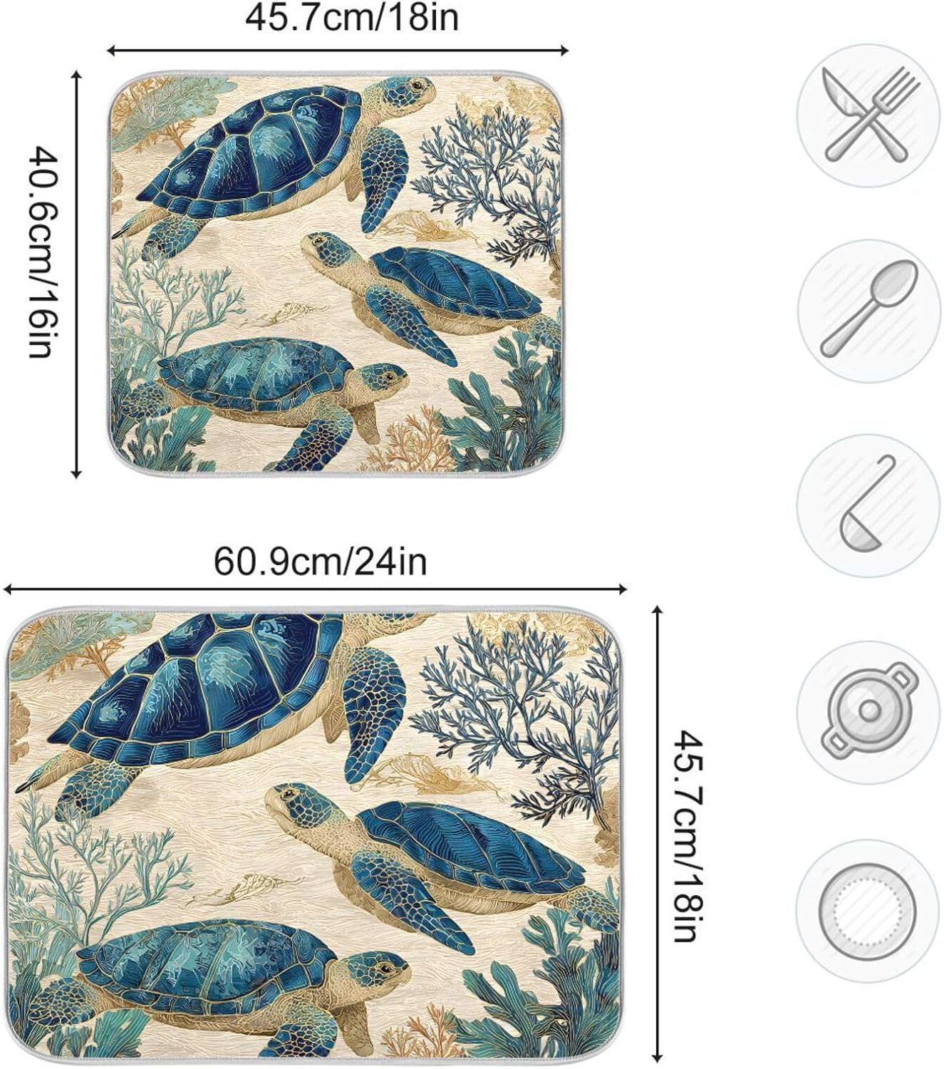 Watercolor Sea Turtle Swimming Pattern Dish Drying Mat Super Absorbent Drying Mat 18x24 inch Large Dish Drying Mats for Kitchen Counter Dish Drying Pads Kitchen Drying Matt for Countertop