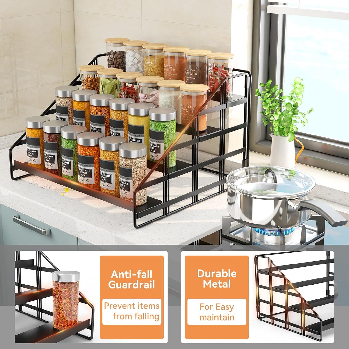 Spice Rack Kitchen Cabinet Organizer,4 Tier Countertop Spice Rack,Tier Depth Adjustable Cabinet Shelf,Step Spice Organization Easy Visibility,Holds Seasoning and Condiments