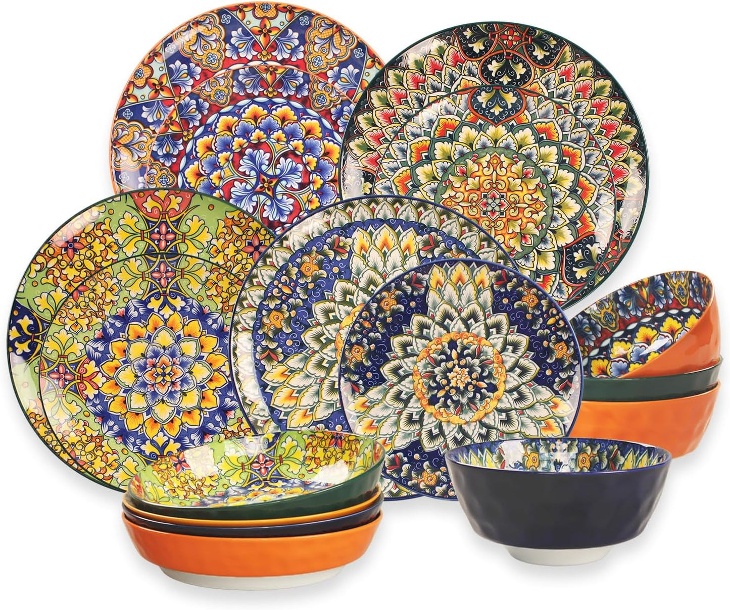 Mandala Dinnerware Sets, Plates and Bowls Set, Porcelain Dishes Service for 4, Zanzibar, Bohemian Style Dining Ware, for Kitchen and Dining Multicolor Dinnerware Set, Colorful No.2