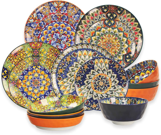 Mandala Dinnerware Sets, Plates and Bowls Set, Porcelain Dishes Service for 4, Zanzibar, Bohemian Style Dining Ware, for Kitchen and Dining Multicolor Dinnerware Set, Colorful No.2
