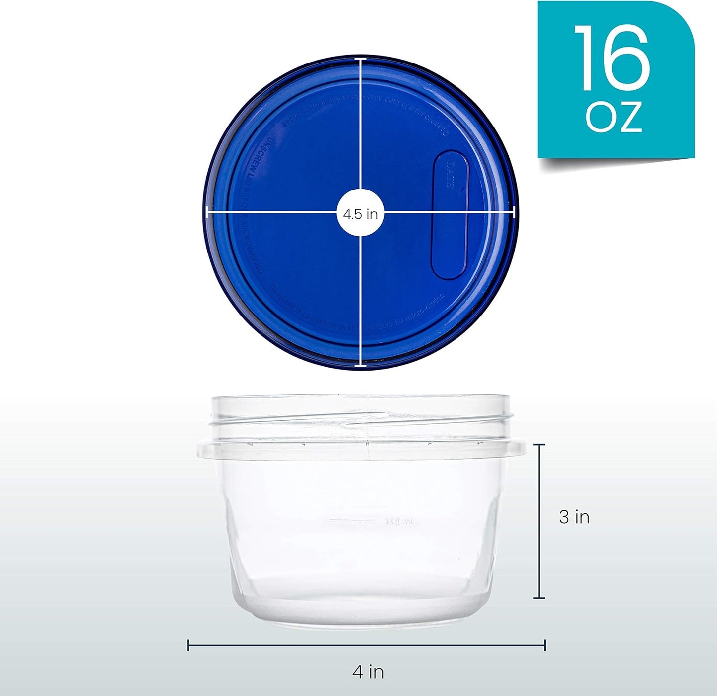 PLASTICPRO [16 oz 5 Pack] Deli Containers Clear bottom With blue Top Twist on Lids Reusable, Stackable, Food Storage Freezer Container