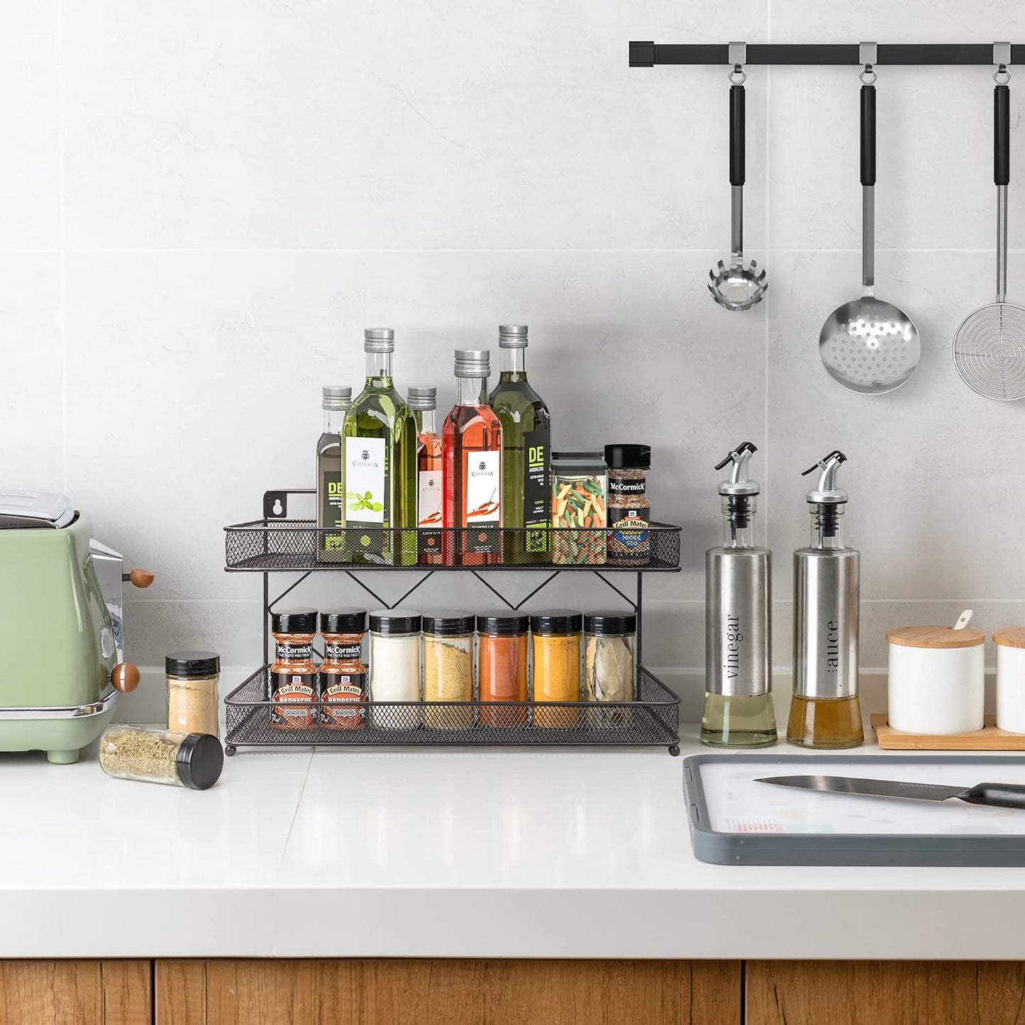 2 Tier Metal Kitchen Counter-top or Wall Mount Spice Rack, Jars Storage Organizer, Cabinet Holder, spice seasoning organizer for Partry (Bronze)