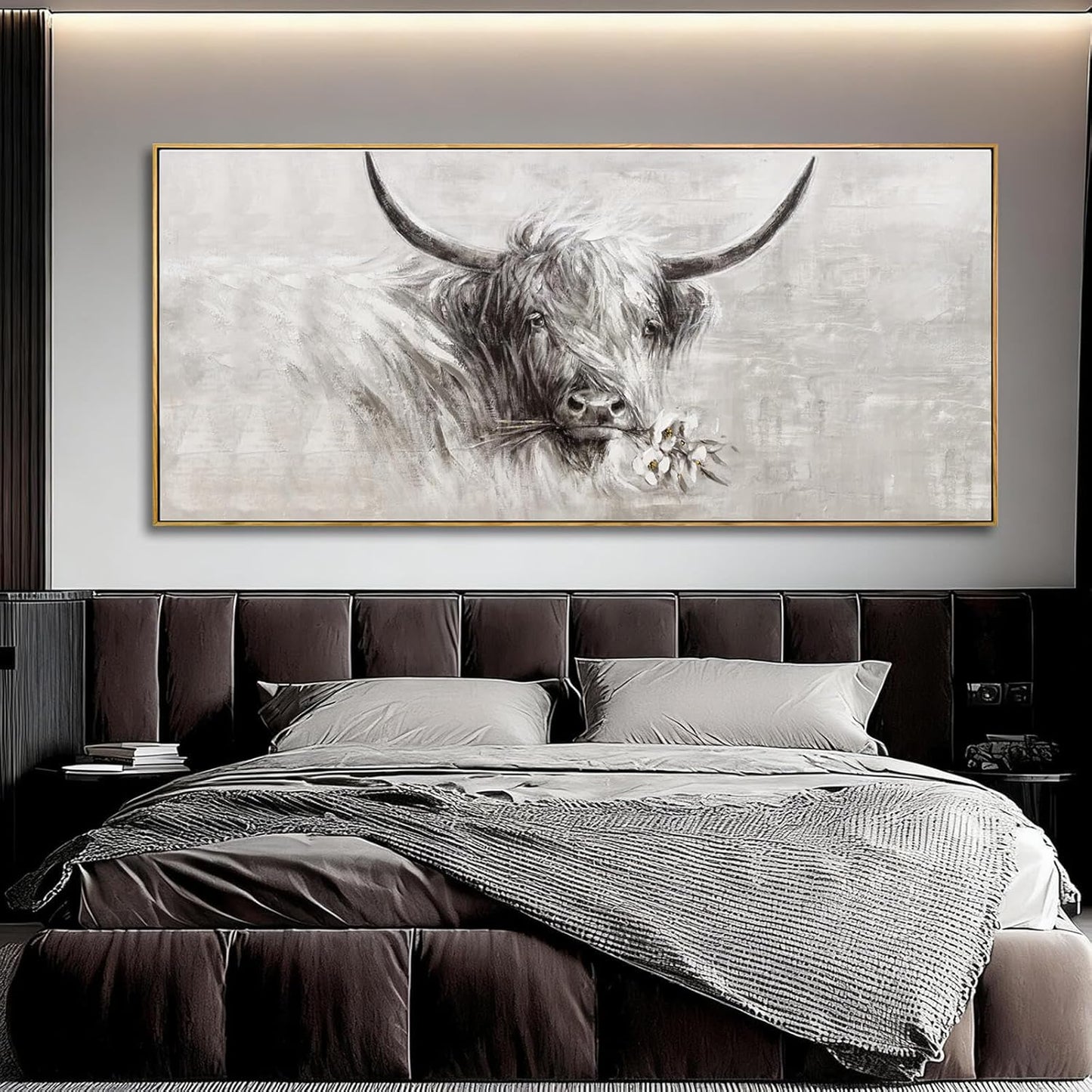 MLART99 Extra large Elegant Cow Canvas Animal Wall Art White and Grey Posters with Floral Gold Ox Print - 32x70 Inch Modern Home Decor for Living Room Entryway