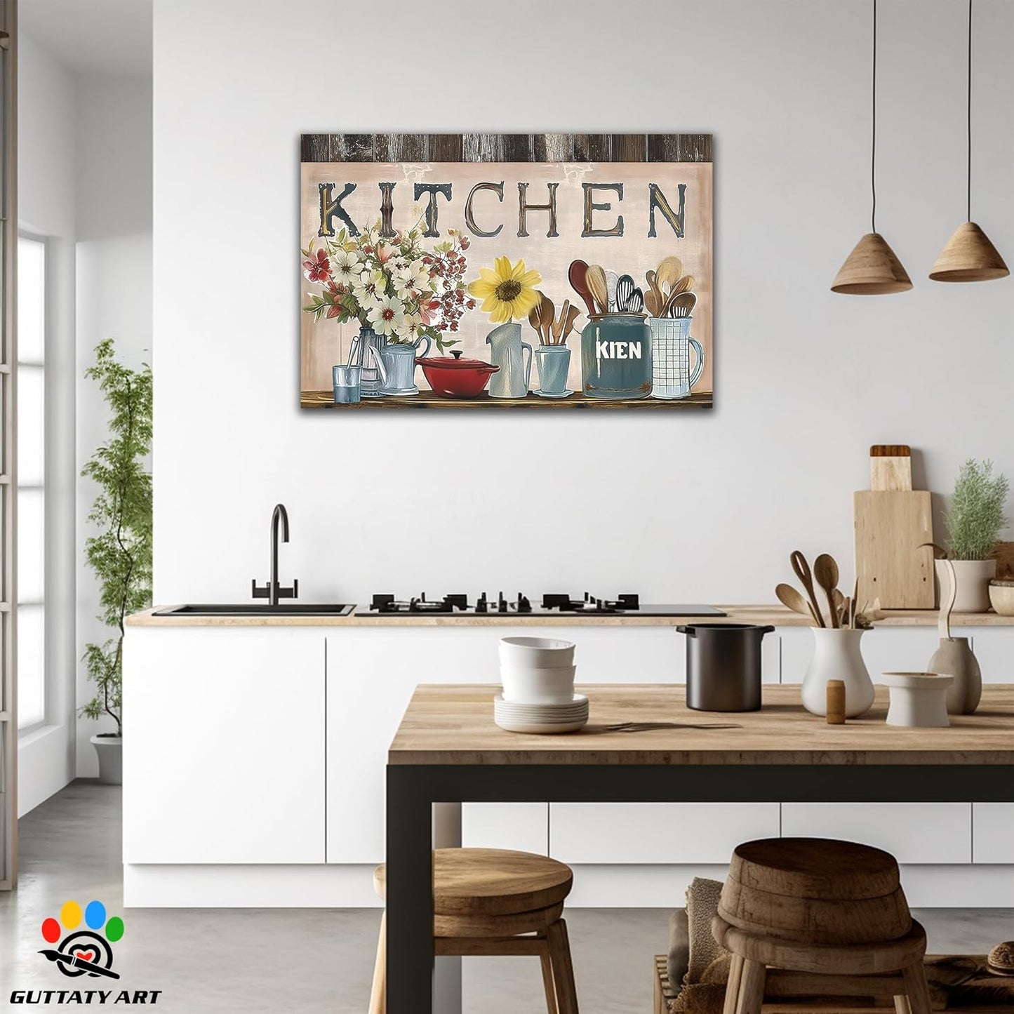 GUTTATY Farmhouse Wall Art Rustic Kitchen Decor, Ready to Hang Kitchen Canvas Print Sunflowers And Various Spoons,Retro Posters Prints for Dinning Room Home Kitchen Restaurant Painting 32×48 Inch