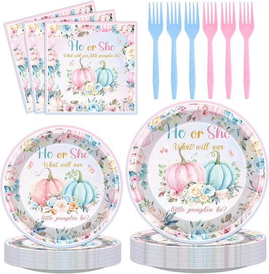 Fall Gender Reveal Decorations - 96 Pcs Pumpkin He or She Plates Napkins Forks Tableware Set, Pink Blue Paper Disposable Party Supplies Decor Kit for Baby Shower Boy or Girl Serve 24 Guests