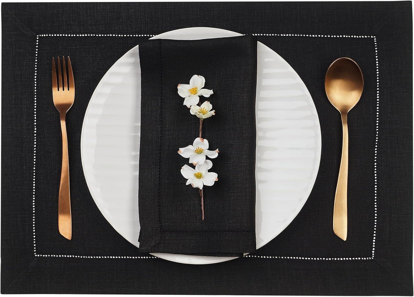 D'Moksha Homes Linen Placemats Set of 6 - Classic Hemstitch Black Placemats 14 x 19 Inch - 100% Pure Linen Table Mats for Fall, Autumn and Halloween - Handcrafted and Machine Washable