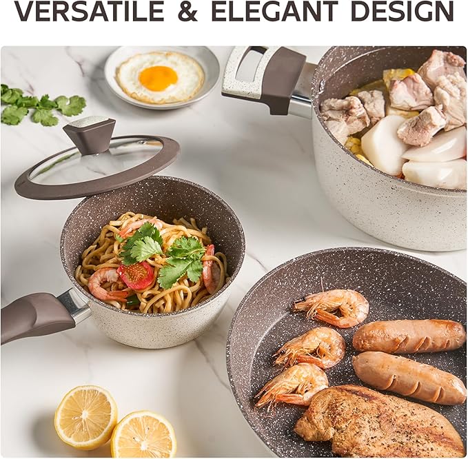 5Pcs Non Stick Pots and Pans Set | Ceramic Cookware Set with Stay-Cool Handles | PFAS-Free, Kitchen Utensils Set Pefect for Daily Cooking