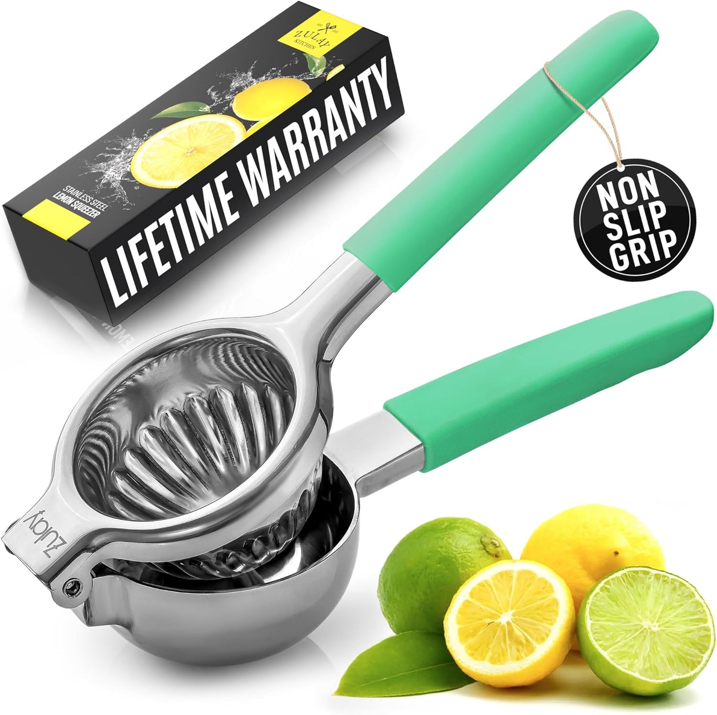 Zulay Kitchen Lemon Squeezer Stainless Steel with Premium Heavy Duty Solid Metal Squeezer Bowl and Food Grade Silicone Handles - Large Manual Citrus Press Juicer and SS Lime Squeezer (Mint)