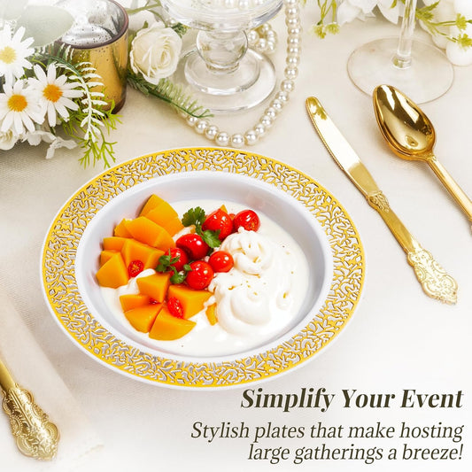 I00000 60 PCS Disposable Gold Plastic Dessert Bowls,12 oz Soup Plastic Bowls with Gold Rim,Heavy Duty for Wedding and Party
