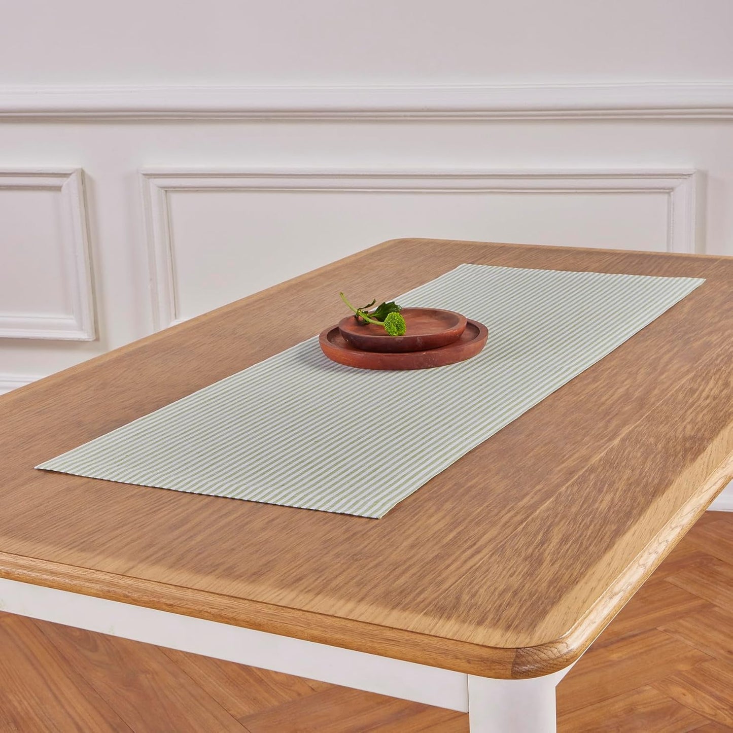 Solino Home Linen Table Runner 72 Inches Long - Narrow Stripe, 100% Pure Linen Avocado and White Table Runner 14 x 72 Inch for Dining, Dresser, Fall, Autumn, Halloween, Thanksgiving, Christmas