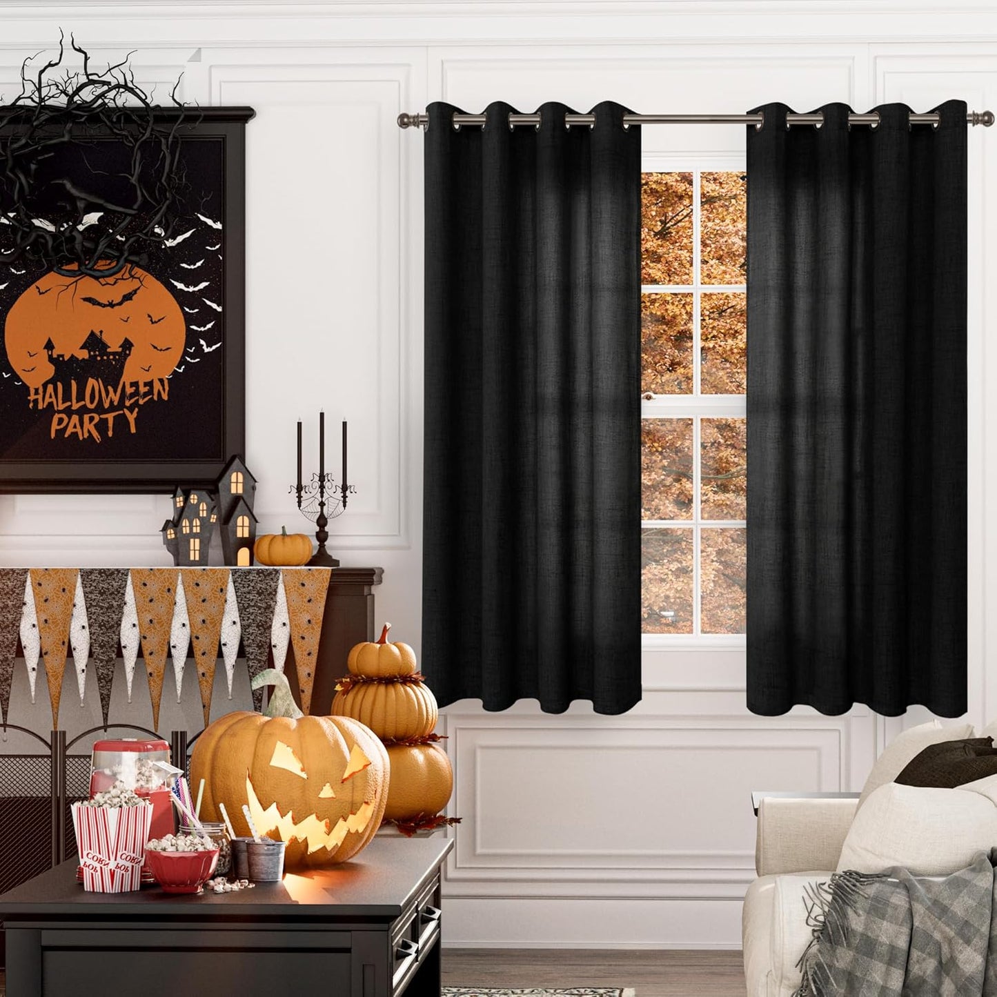 YoungsTex Black Linen Curtains 63 inch Length 2 Panels for Short Windows Bronze Grommet Drapes Light Filtering for Bedroom Living Room Gothic Decorative, 52 X 63 Inch