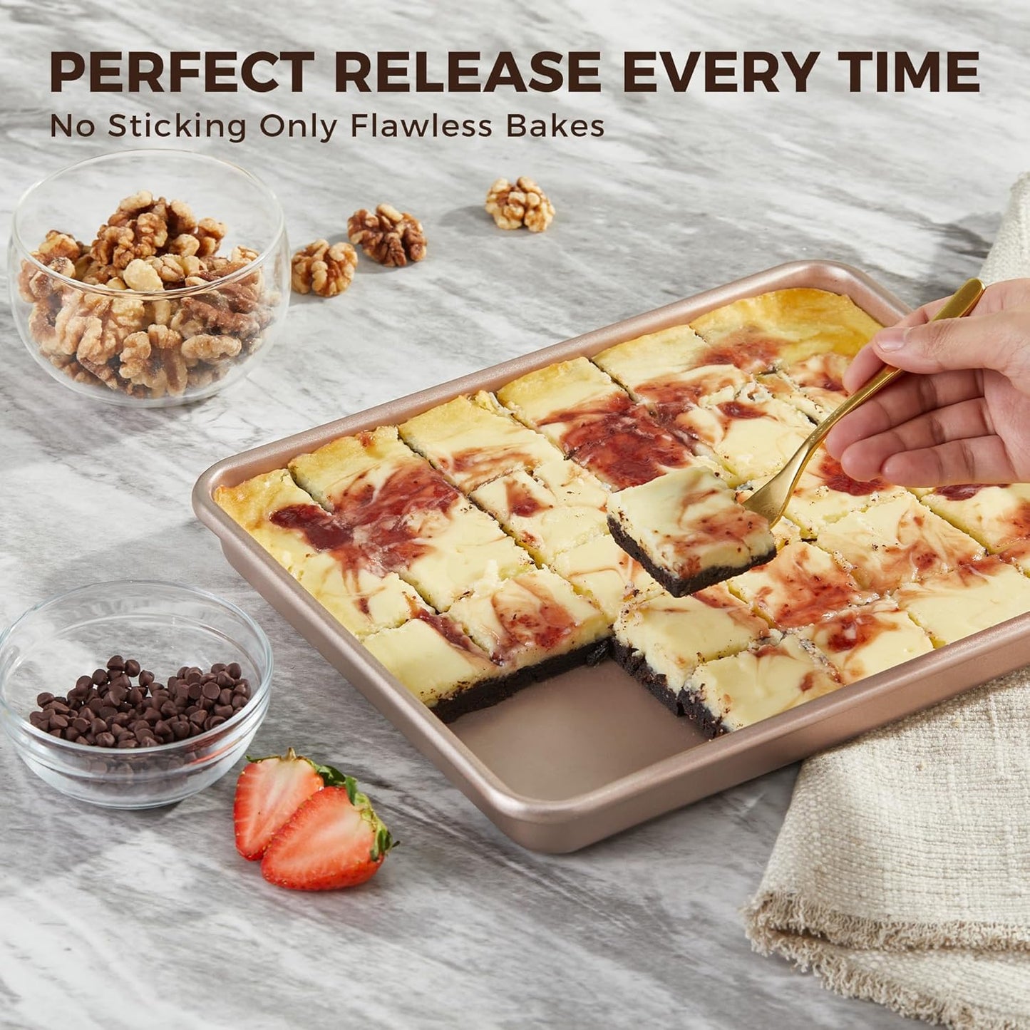 HONGBAKE 2 Pack 11 x 9 Inch Toaster Oven Pans and Trays, Small Baking Sheet Set for Cooking, Non-Stick Cookie Sheets, Heavy-Duty 0.8mm Thick, Easy to Clean, 1.26 Inch Deep, Gold