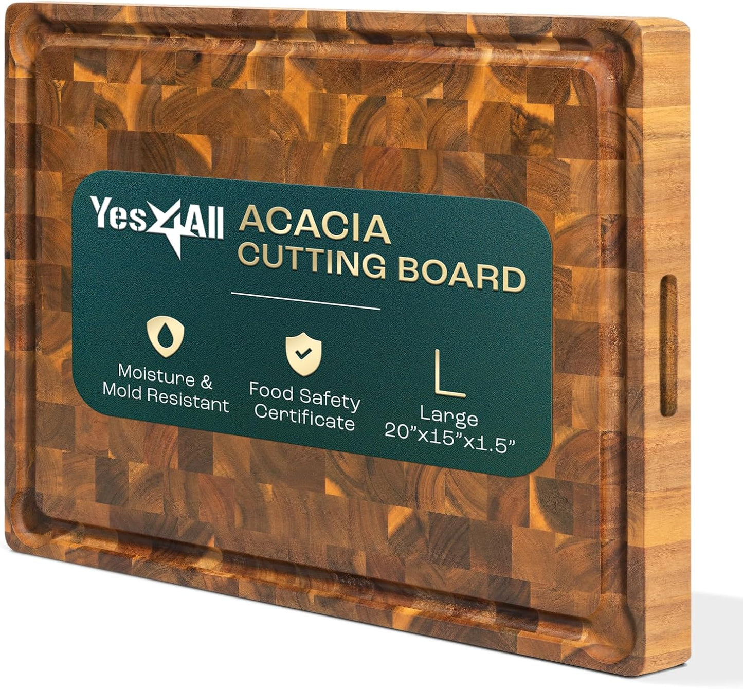 Yes4All Durable Acacia Cutting Boards for Kitchen, [20''Lx15''Wx1.5” Thick] Large End Grain Cutting Board, Pre Oiled Wood Cutting Boards, Thick Chopping Board w/Juice Grooves and Easy Grip Handle