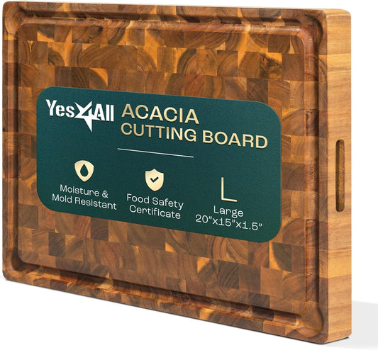 Yes4All Durable Acacia Cutting Boards for Kitchen, [20''Lx15''Wx1.5” Thick] Large End Grain Cutting Board, Pre Oiled Wood Cutting Boards, Thick Chopping Board w/Juice Grooves and Easy Grip Handle