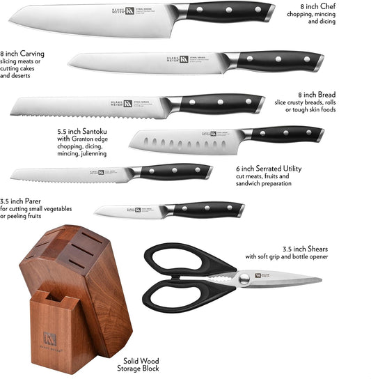 Klaus Meyer Stahl High Carbon Exclusive German Steel 8 Piece Knife Block Set (Black)
