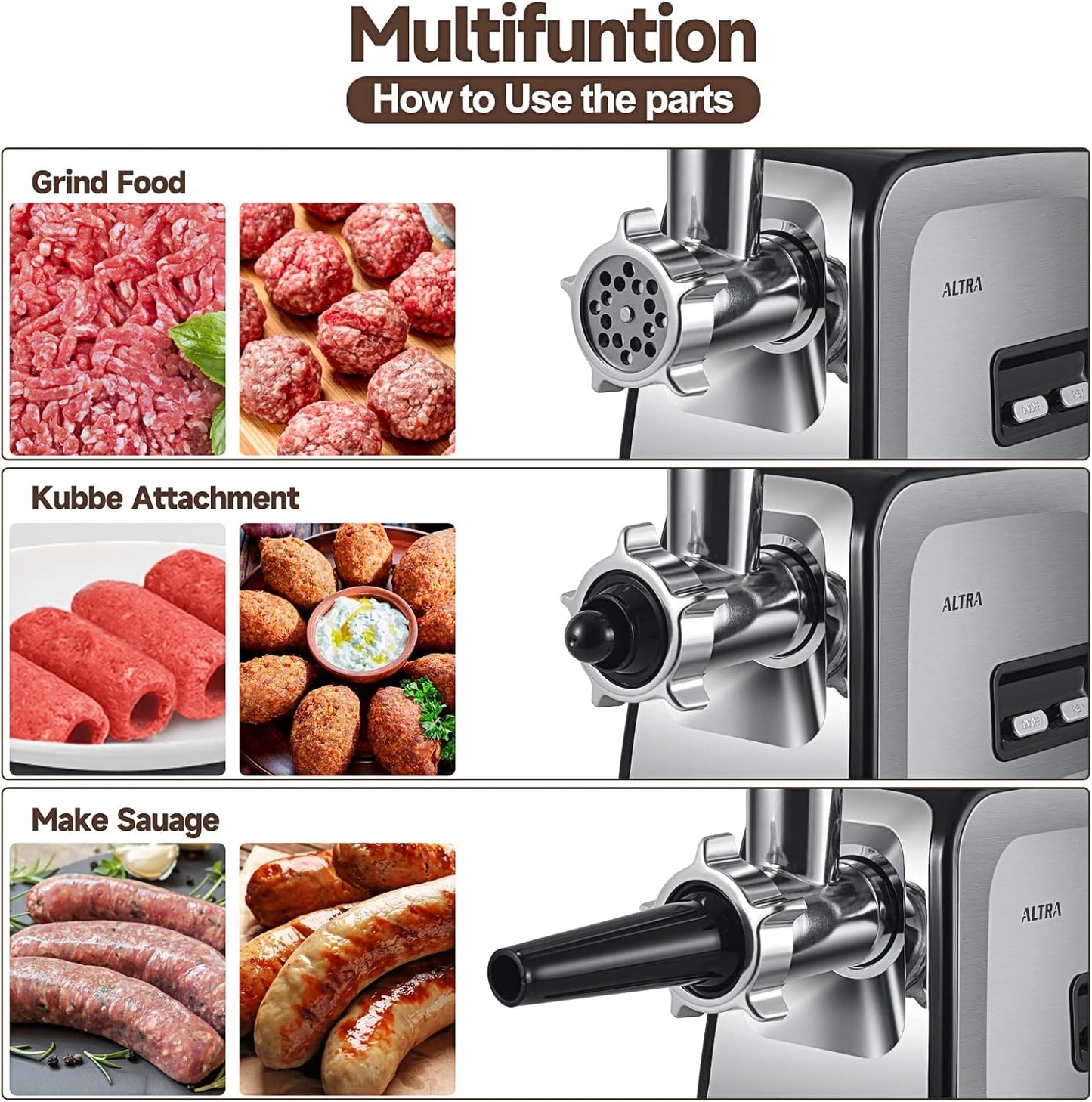 Meat Grinder, Sausage Stuffer, [2800W Max] Electric Meat Mincer with Stainless Steel Blades & 3 Grinding Plates,Sausage Maker & Kubbe Kit for Home Kitchen & Commercial Using