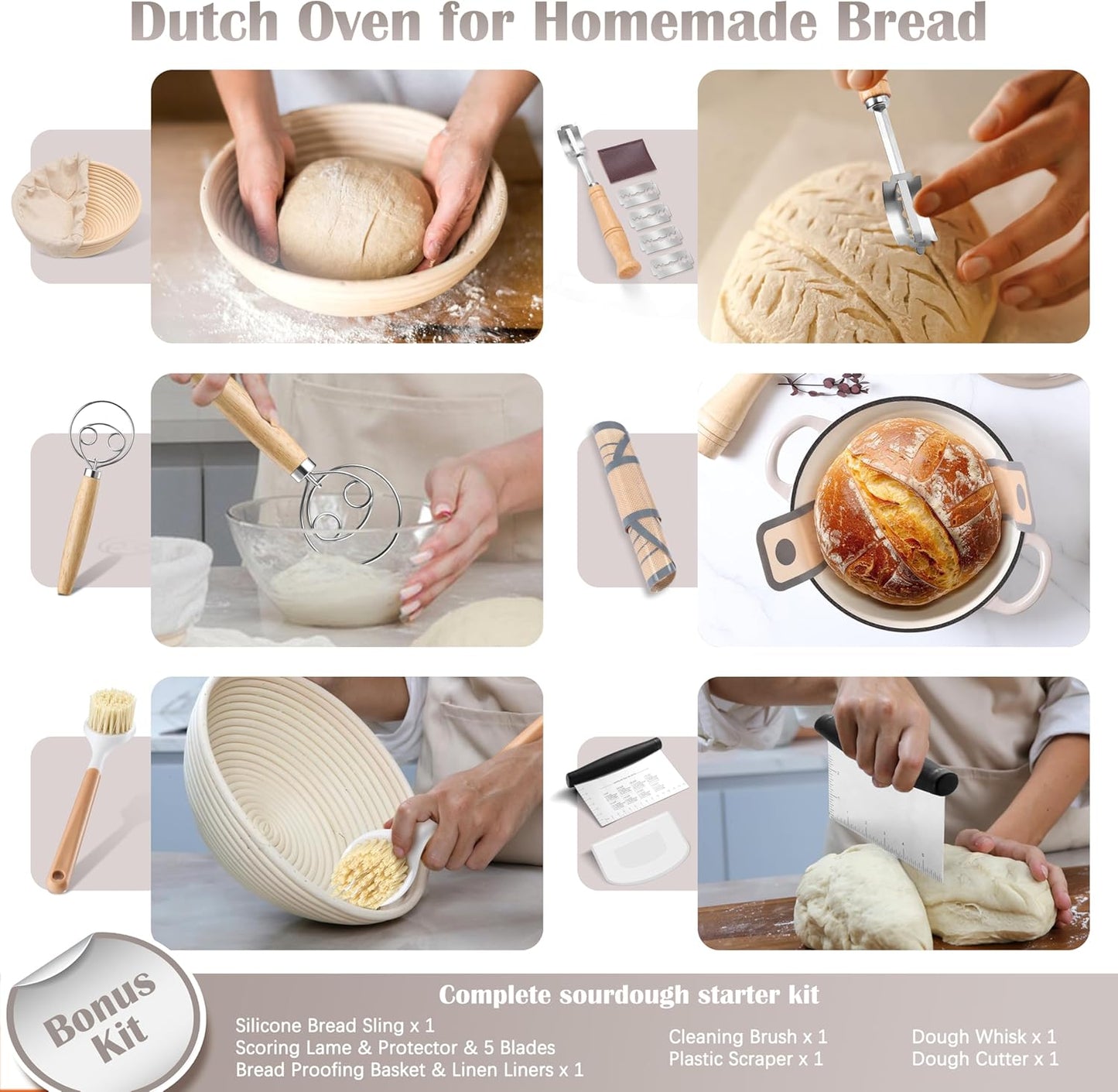 E-far Enameled Dutch Oven Pot for Bread Baking, 6QT Enameled Cast Iron Cookware with Self-Basting Lid & Sourdough Bread Baking Supplies, Heavy Duty Casserole Pot & Dual Handles-Khaki