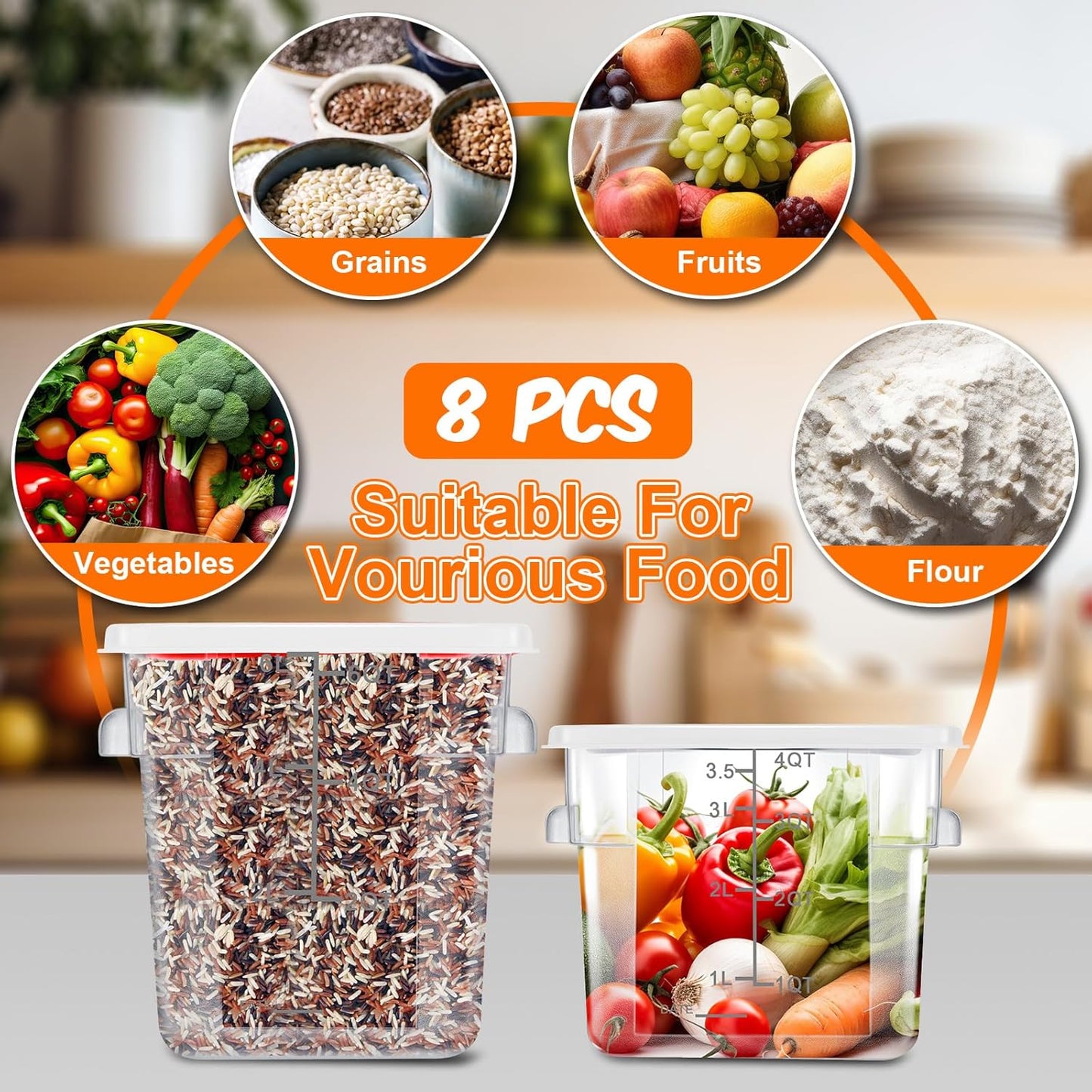 Suclain 8 Pack 4 QT and 6 QT Food Storage Containers with Lids Scales Handles Square Clear Restaurant Food Storage Containers Polycarbonate Commercial Grade for Kitchen Marinating Meat Dough(White)