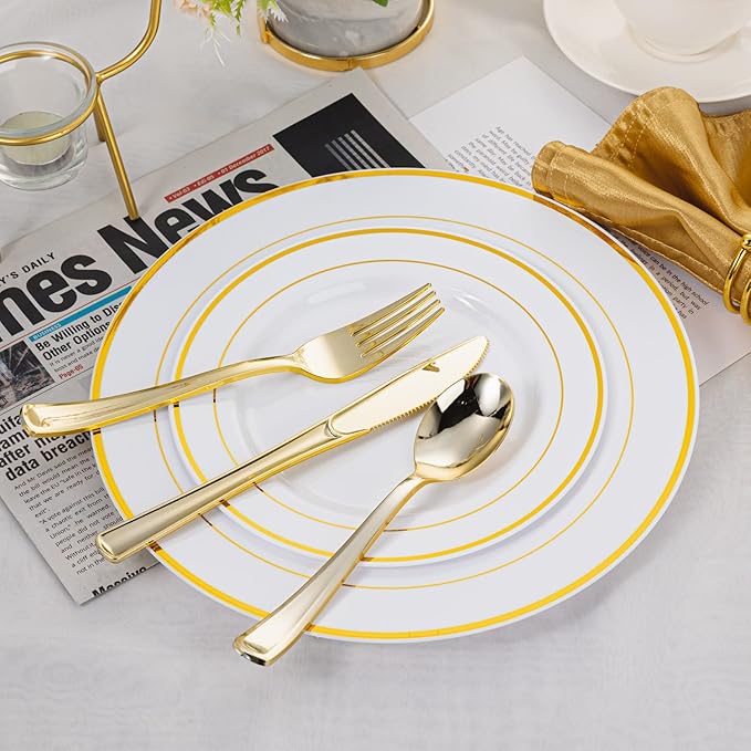N9R 500PCS Gold Plastic Silverware - Gold Plastic Cutlery Set Disposable Flatware Dinnerware -200 Forks, 150 Spoons, 150 Knives for Party, Birthday, Wedding Utensils