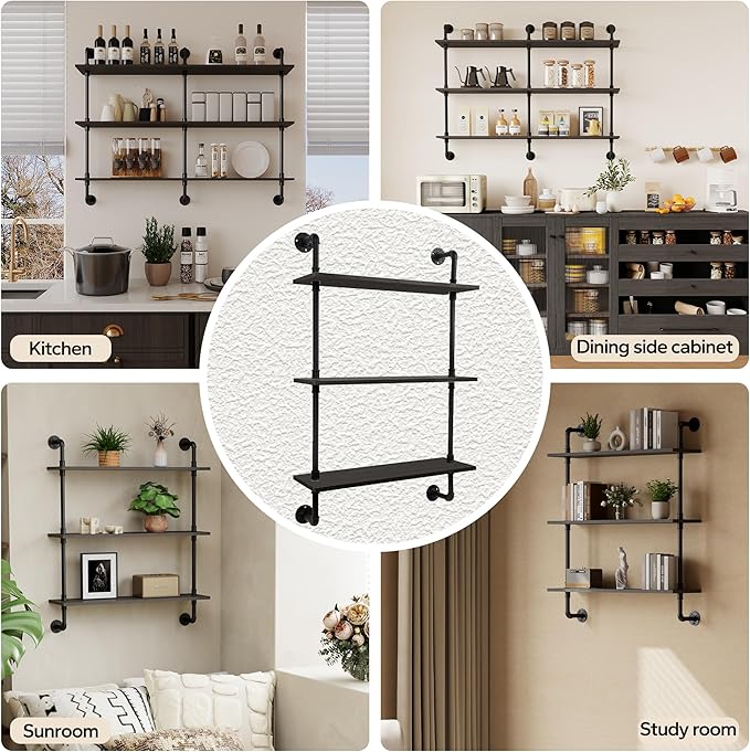 3-Tier Industrial Pipe Floating Shelf – Rustic 36 inch Wood Wall-Mounted Storage Shelf for Kitchen Office,Bathroom & Home Decor -Black